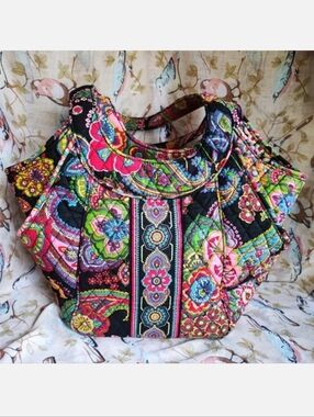 Vera Bradley Symphony Floral Quilted Zippered Tote Handbag Hobo Purse Black Pink